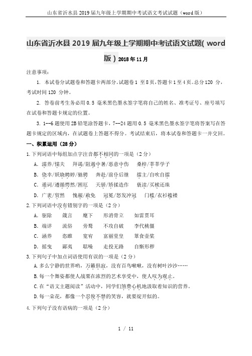 山东省沂水县2019届九年级上学期期中考试语文考试试题(word版)