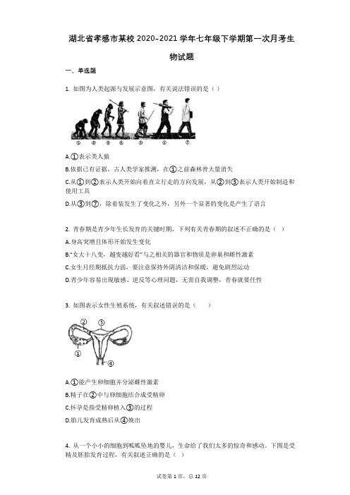 湖北省孝感市某校2020-2021学年七年级下学期第一次月考生物试题(有答案)