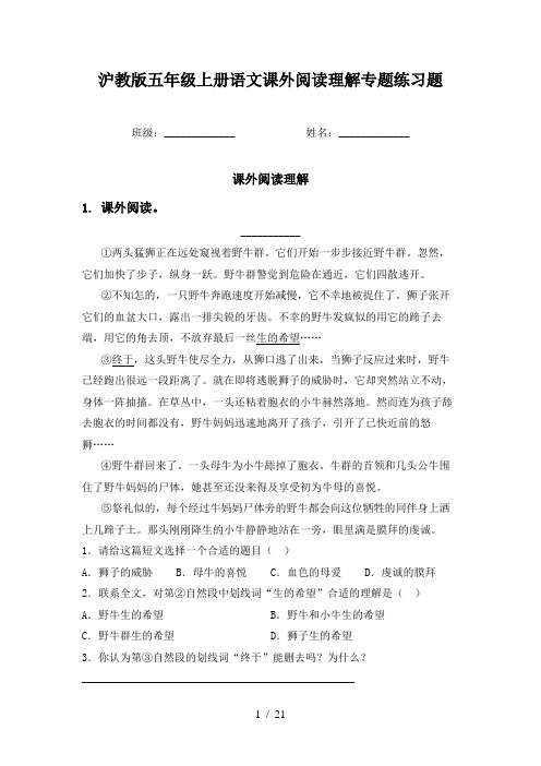 沪教版五年级上册语文课外阅读理解专题练习题