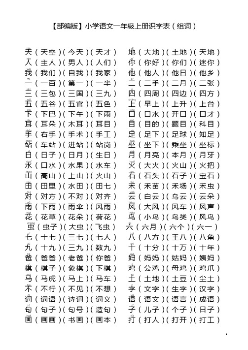 【部编版】小学语文一年级上册识字表(组词)