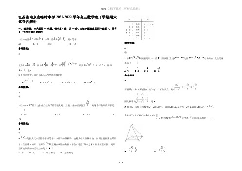 江苏省南京市梅村中学2021-2022学年高三数学理下学期期末试卷含解析