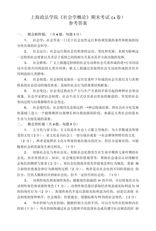 上海政法学院《社会学概论》期末考试(A卷).doc