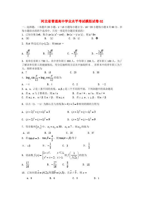 河北省普通高中高二数学学业水平考试模拟试卷02