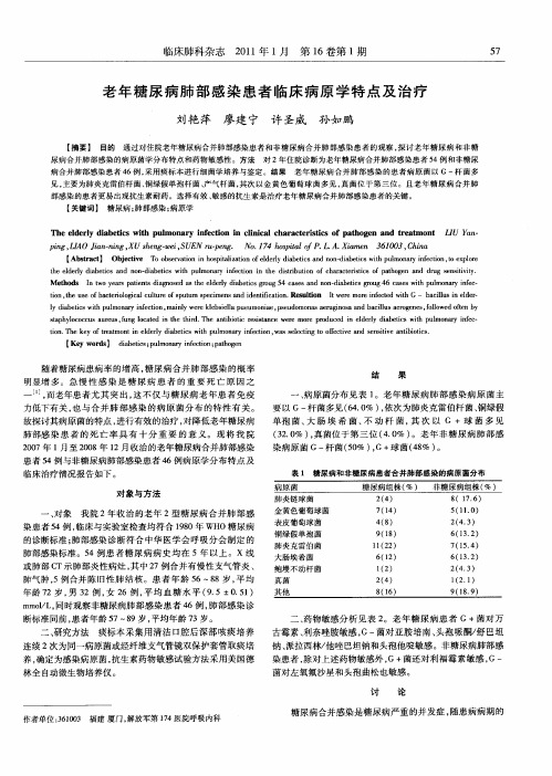 老年糖尿病肺部感染患者临床病原学特点及治疗