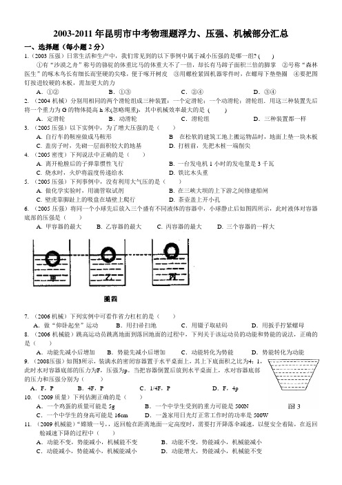 2003-2011年昆明物理中考浮力、压强、机械部分汇总