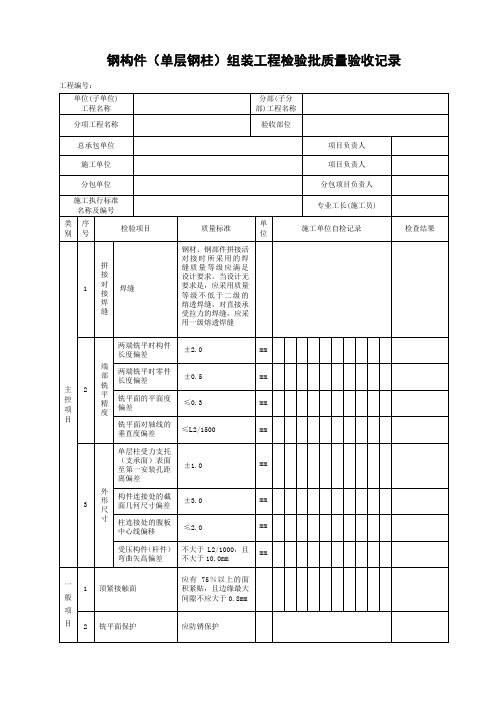 钢构件(单层钢柱)组装工程检验批质量验收记录