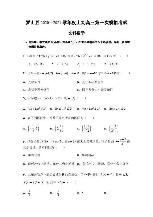 河南省信阳市罗山县2021届高三毕业班第一次调研数学(文)试题 Word版含答案