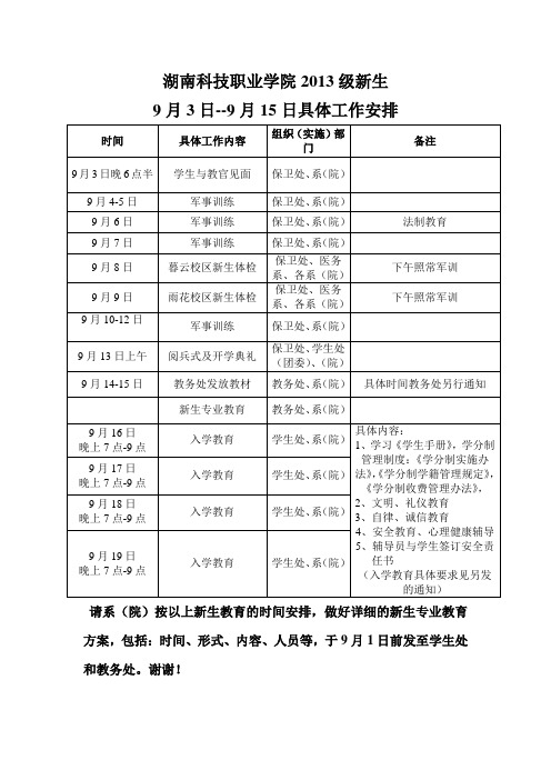 2013级新生入学时间安排