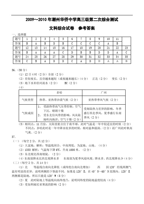 潮州市华侨中学高三第二次综合测试文科综合参考答案