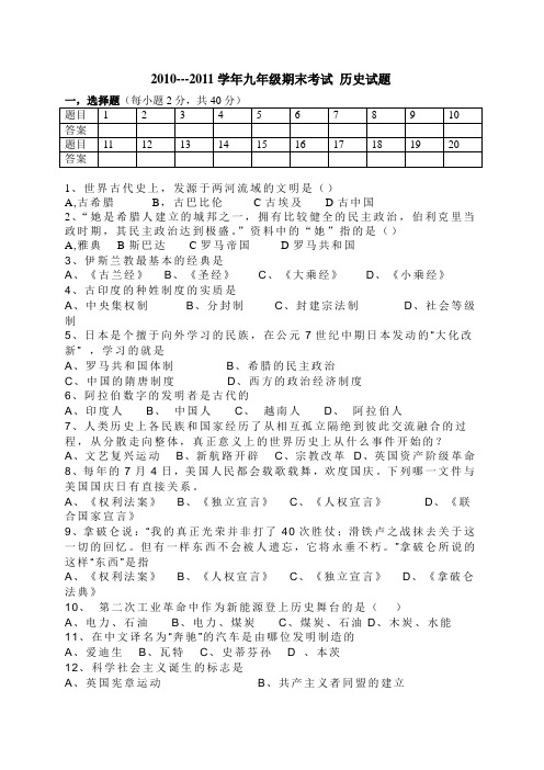 2010---2011学年九年级期末考试 历史试题.doc