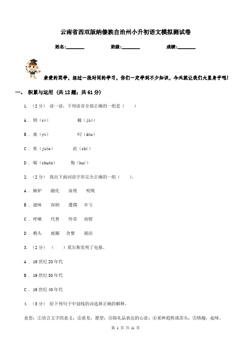 云南省西双版纳傣族自治州小升初语文模拟测试卷