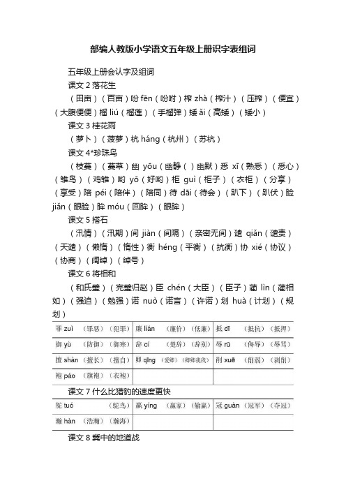 部编人教版小学语文五年级上册识字表组词