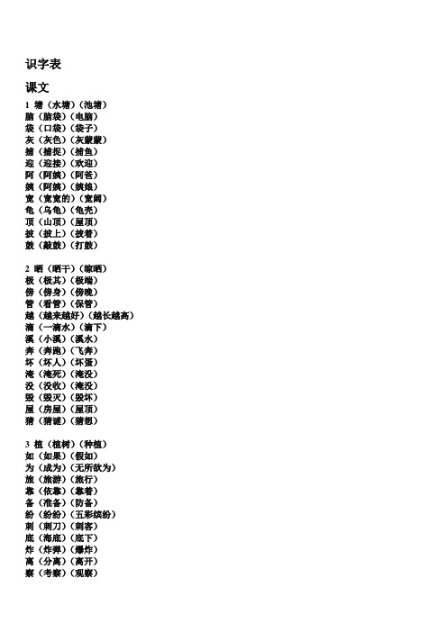 新部编人教版二年级上册语文生字表组词