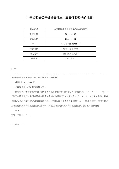 中国银监会关于核准周伟忠、周磊任职资格的批复-银监复[2012]205号