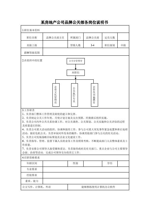 某房地产公司品牌公关部职位说明书