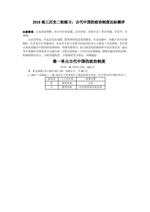 2019高三历史二轮练习:古代中国的政治制度达标测评