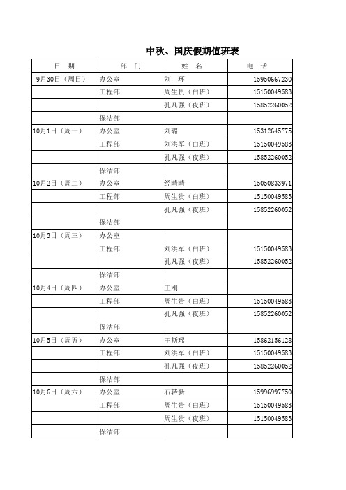 中秋、国庆假期值班表