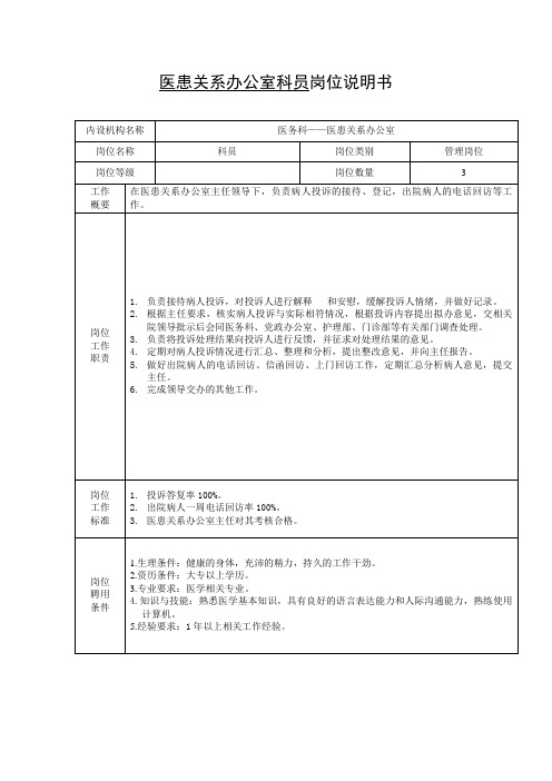 医患关系办公室科员岗位说明书