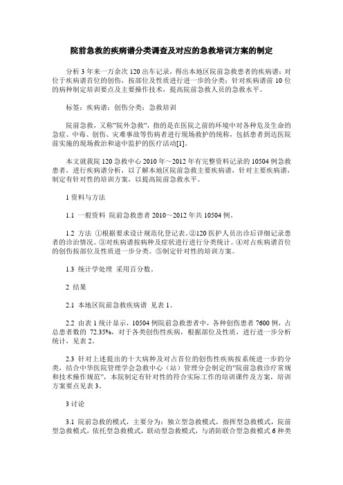 院前急救的疾病谱分类调查及对应的急救培训方案的制定