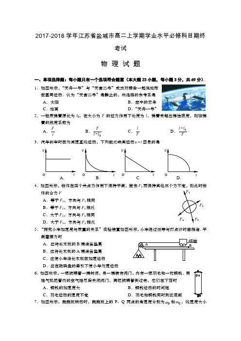 2017-2018学年江苏省盐城市高二上学期学业水平必修科目期终考试 物理Word版含答案