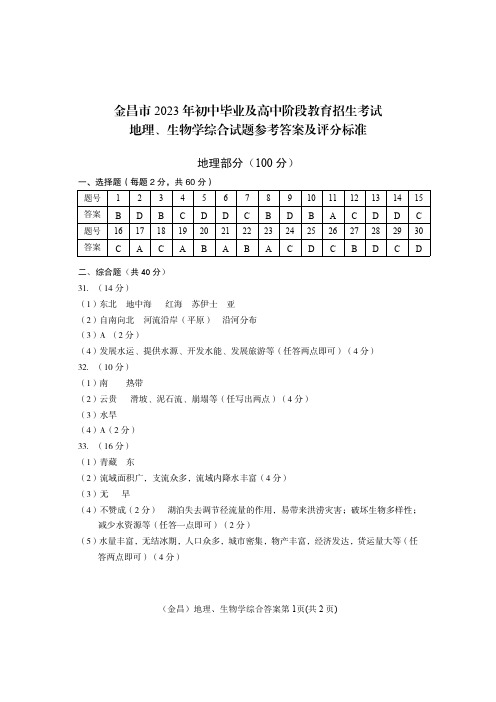 2023年甘肃省金昌市中考地理、生物真题答案合-(正)金