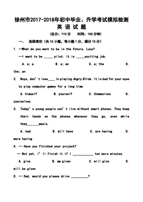 2017-2018年江苏省徐州市初中毕业、升学模拟检测英语试题及答案