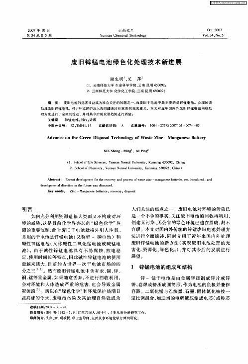 废旧锌锰电池绿色化处理技术新进展