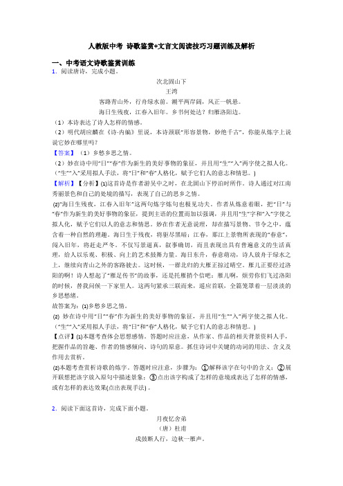 人教版中考 诗歌鉴赏+文言文阅读技巧习题训练及解析