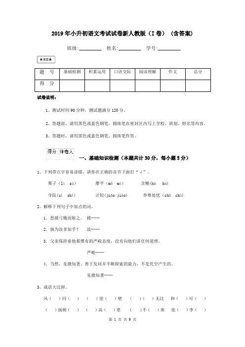 2019年小升初语文考试试卷新人教版(I卷) (含答案)