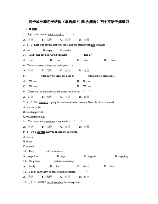 句子成分和句子结构(单选题 30题 含解析)初中英语专题练习 (1)