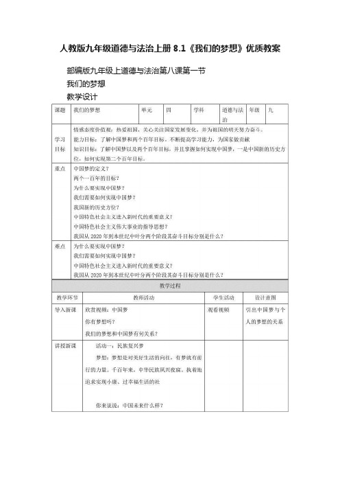 人教版九年级道德与法治上册8.1《我们的梦想》优质教案