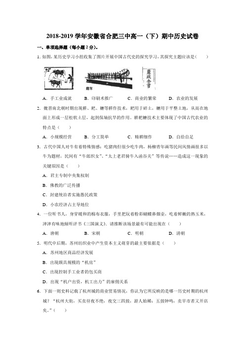 2018-2019学年安徽省合肥三中高一(下)期中历史试卷 解析版