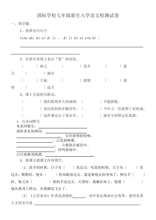 国际学校七年级新生入学语文检测试卷