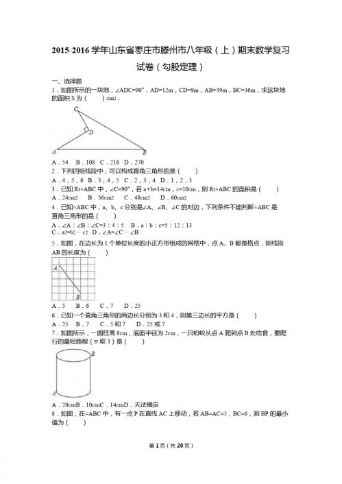 滕州市2015-2016年八年级上《勾股定理》期末复习试卷含解析