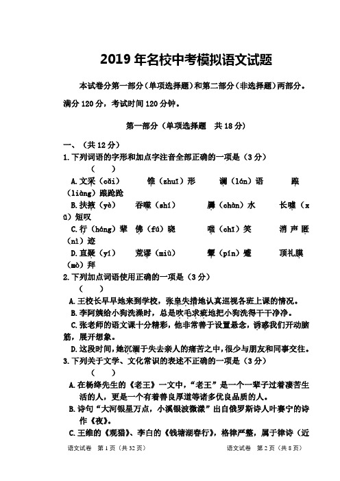 2019年名校中考模拟语文试题及答案