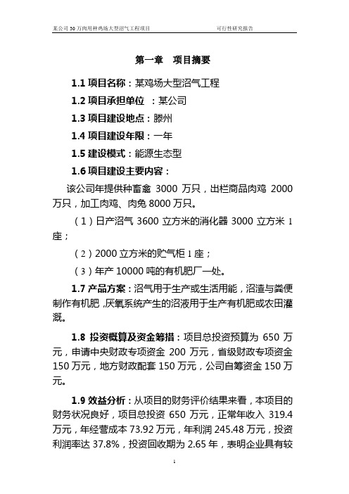 某公司30万肉用种鸡场大型沼气工程项目可行性研究报告