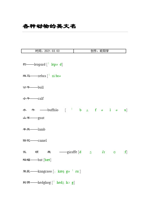 各种动物的英文名之欧阳学创编