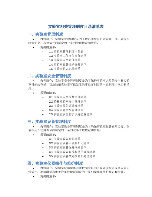 实验室相关管理制度目录清单表