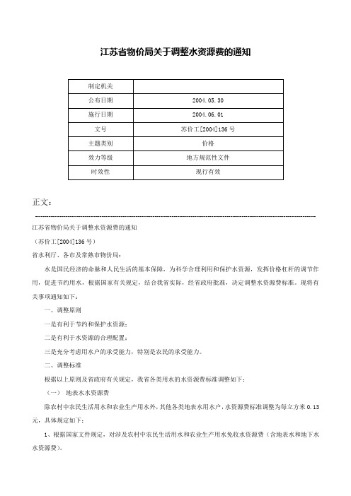 江苏省物价局关于调整水资源费的通知-苏价工[2004]136号