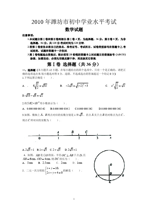 2010年山东省潍坊中考数学试题及答案(word版) - 副本