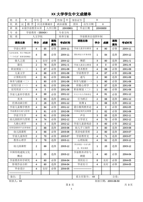 XX大学学生中文成绩单(学前教育)