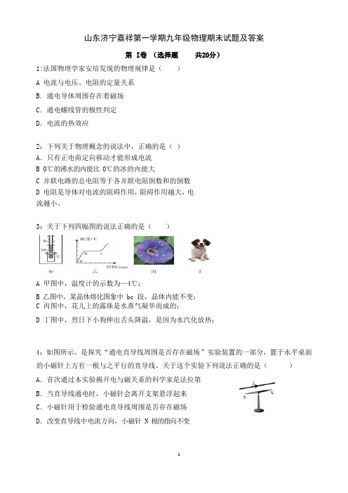 山东济宁嘉祥第一学期九年级物理期末试题及答案