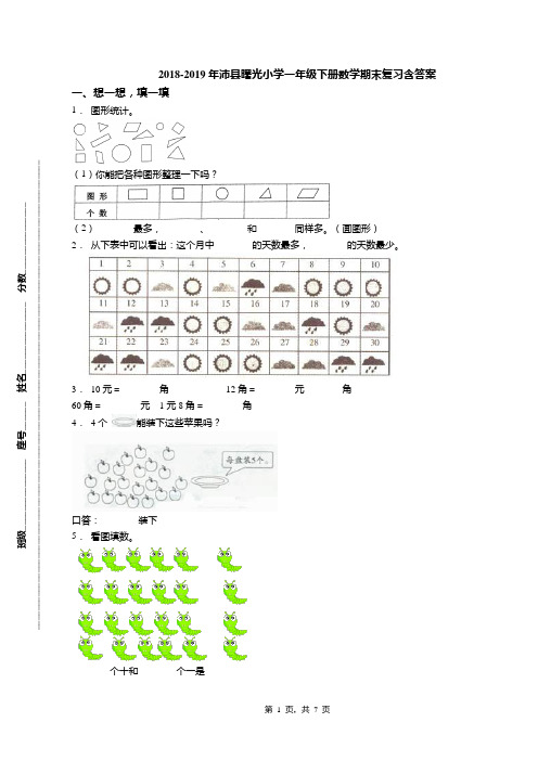 2018-2019年沛县曙光小学一年级下册数学期末复习含答案
