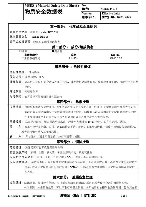 物质安全数据表(MSDS)-美孚液压油 DTE 25