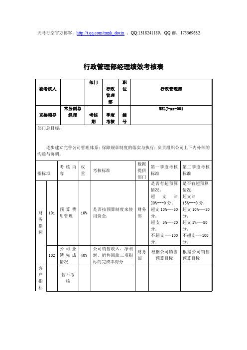 最新xx药业行政管理部经理绩效考核表