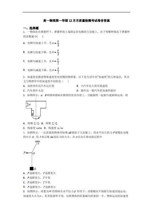 高一物理第一学期12月月质量检测考试卷含答案