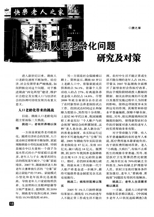 湖南人口老龄化问题研究及对策