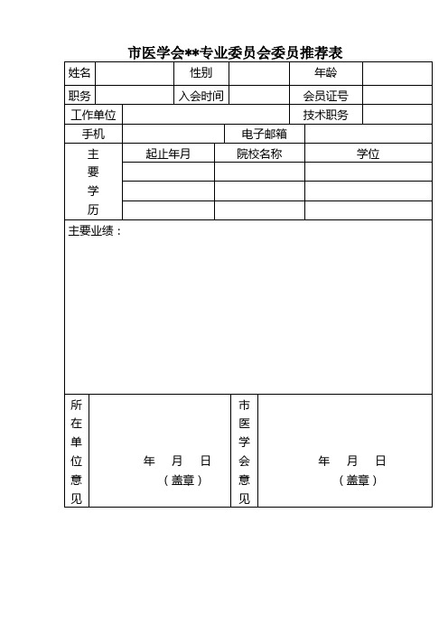 市医学会专业委员会委员推荐表