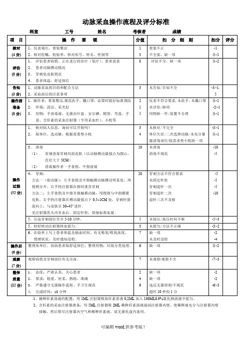 动脉采血操作流程及评分标准