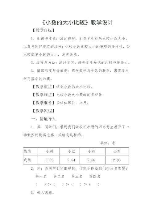 四年级下册数学教案-2.7 小数的大小比较｜沪教版(2015秋) (1)